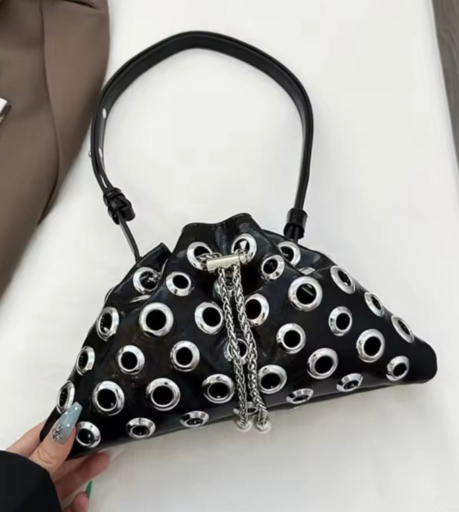 Grommet Ring Handbag-Black Faux Leather