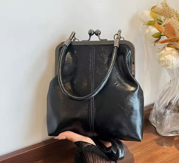 Kisslock Handbag - Black Faux Leather