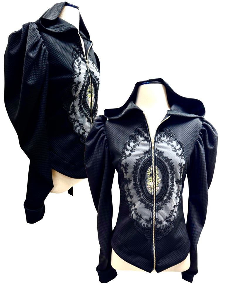 Victorian Cameo Hoodie Top-Black Quilted Knit