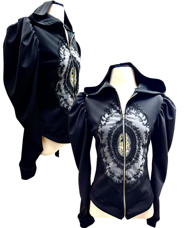 Victorian Cameo Hoodie Top - Black Quilted Knit