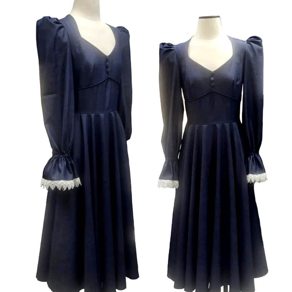 Country Core Dress in lightweight navy blue denim.  Long Sleeves with lace.  Queen Anne neckline with buttons