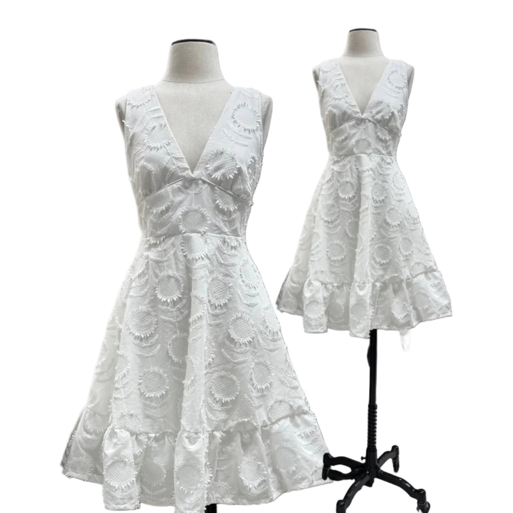 Sweetest little sundress in white cotton sunflower