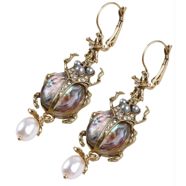 Gorgeous gold tone and Abalone shell Beetle Earrings.  Stunning Vintage inspired