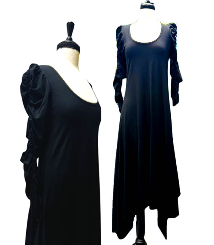 A black long dress asymmetrical hem, ruched sleeves, black bamboo knit