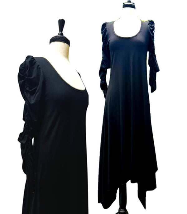 A black long dress asymmetrical hem, ruched sleeves, black bamboo knit