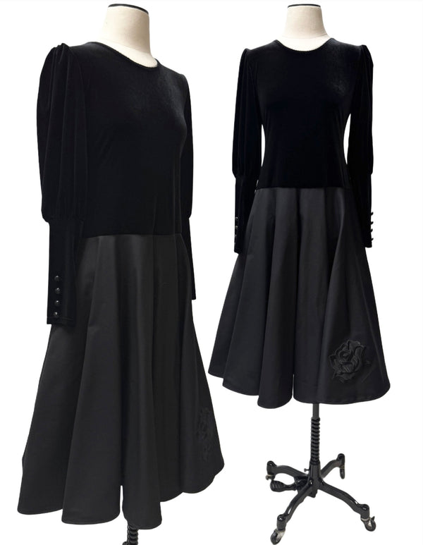 Drop waist velvet bodice with Juliet sleeves and circle skirt with rose detail.