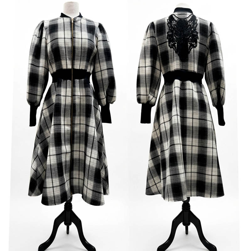 Fall Coat with Wolf applique on back.  Black and White Plaid with gold zipper closure