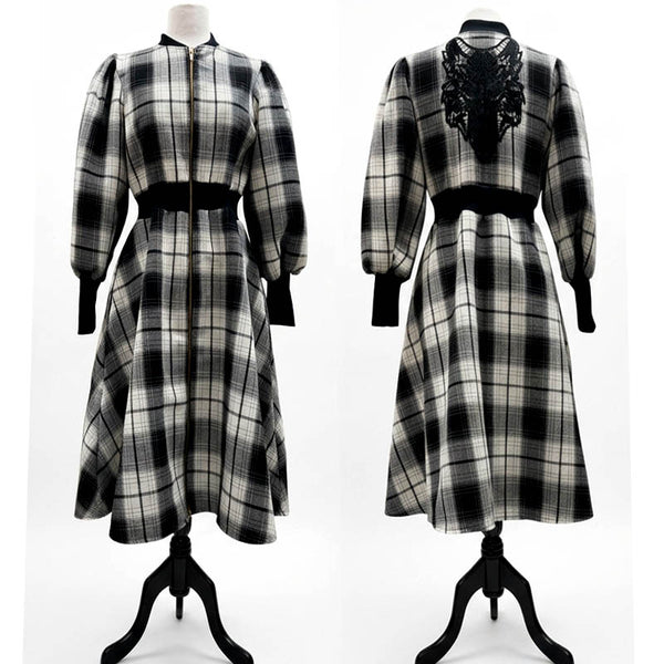 Fall Coat with Wolf applique on back.  Black and White Plaid with gold zipper closure