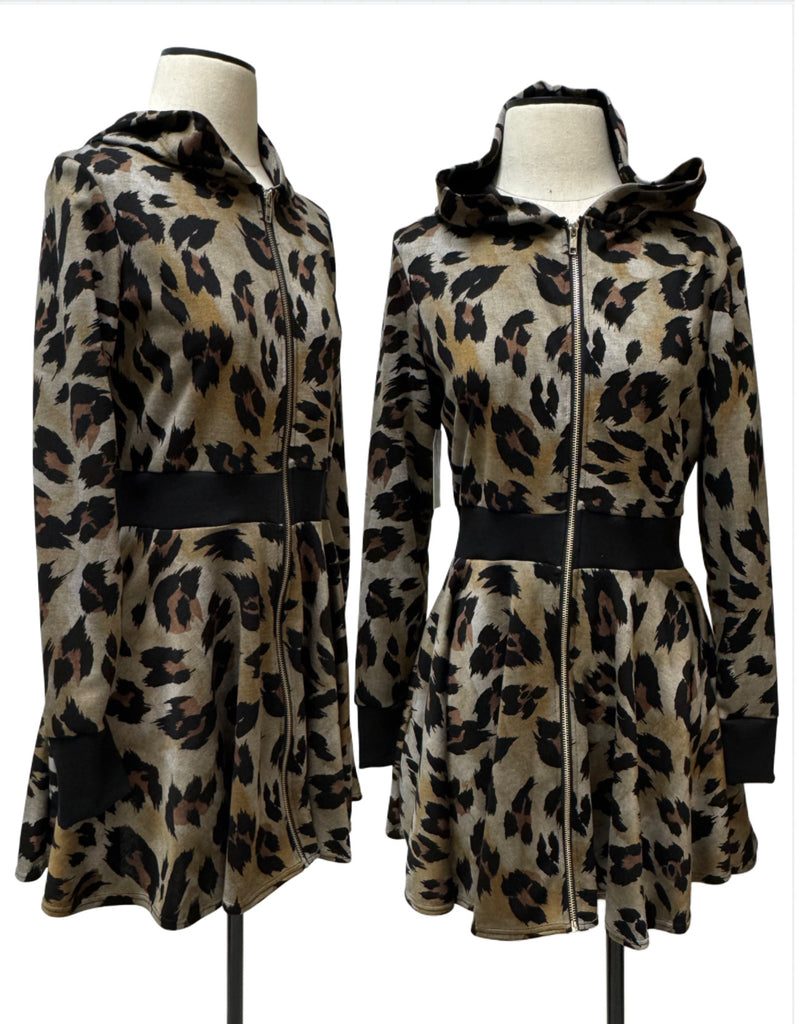 Leopard hoodie with black ribbing on waistband and cuff.  Cute!!
