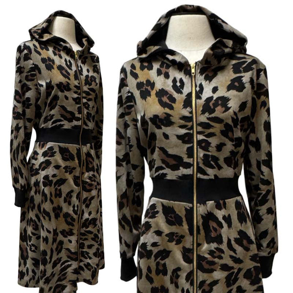 A-line Leopard Print Hoodie Dress with Gold zipper detail.  Pockets in sideseam
