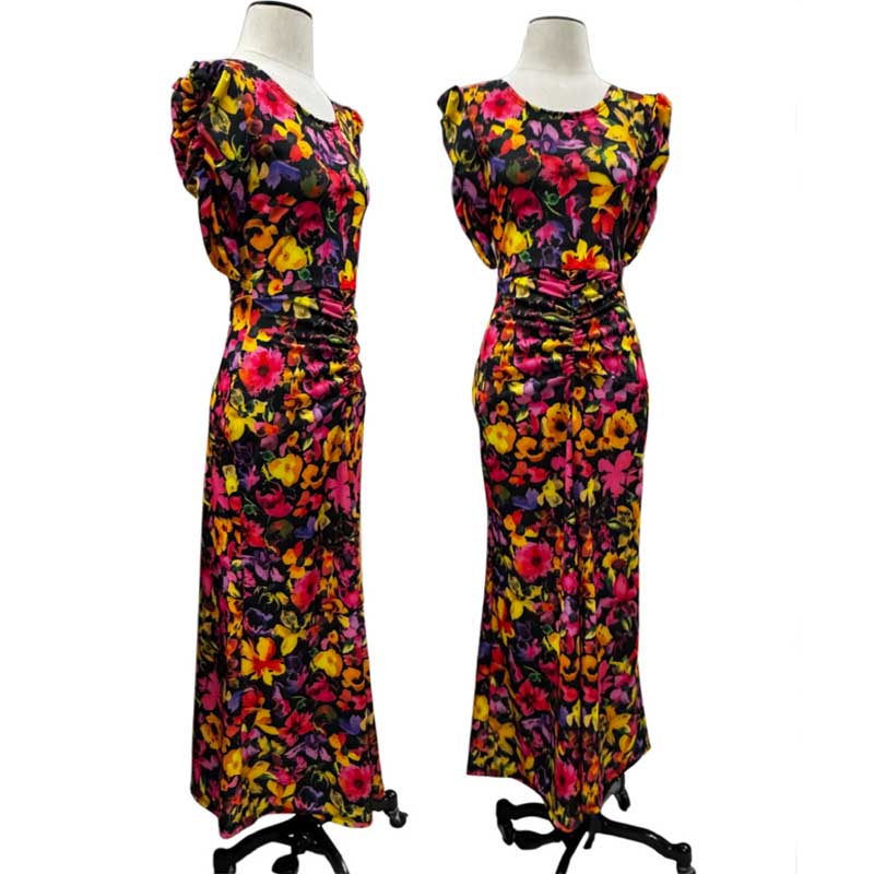 Medium Weight Poly Knit with ruched tummy and sleeves.  Very flattering fit!