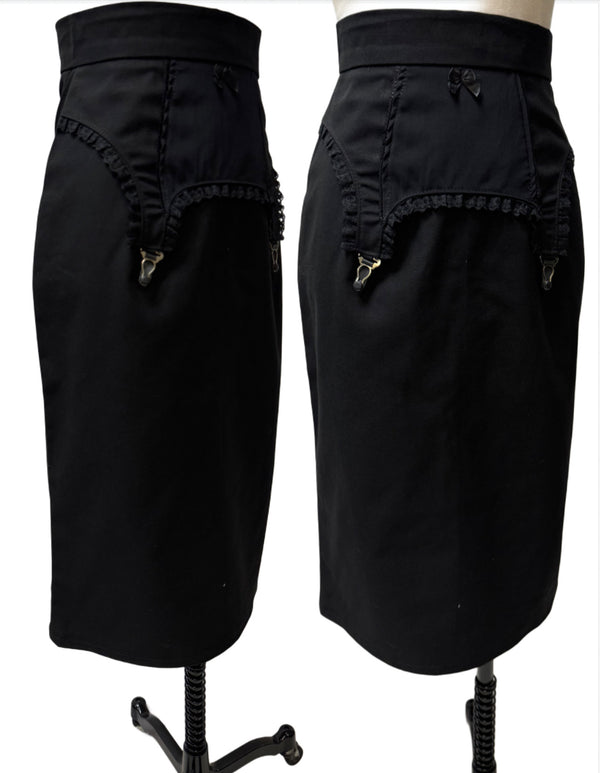 Marlena Garter Skirt - Black Cotton Twill