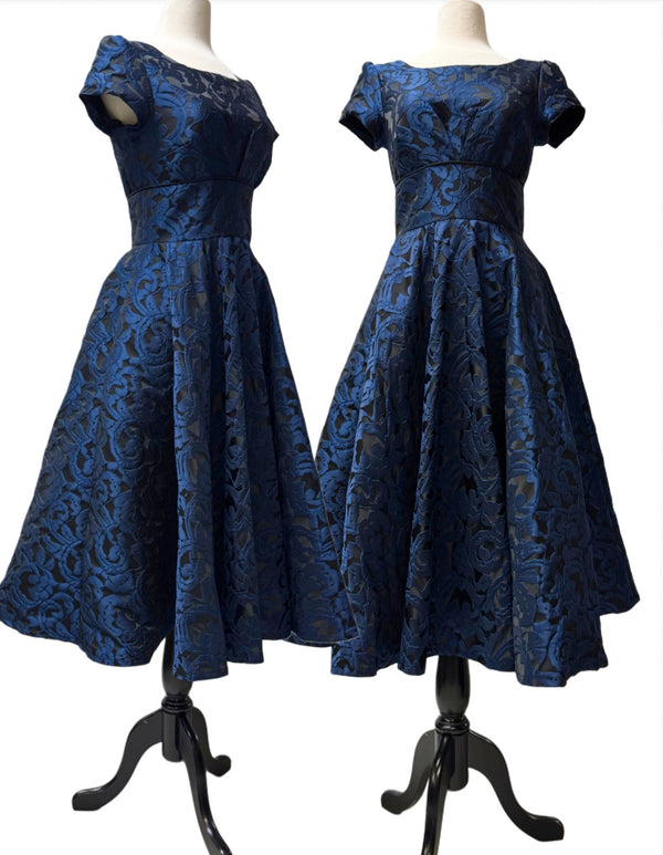 Wedding Guest Dress in Blue and Black Jacquard.  Tea Length, Cap Sleeves