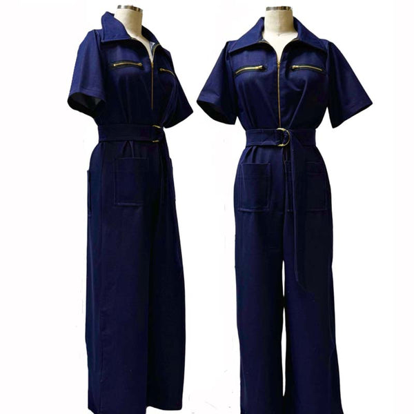 Blue Knit Denim Jumpsuit.  Lightweight with zipper detail and belt.  Short Sleeve