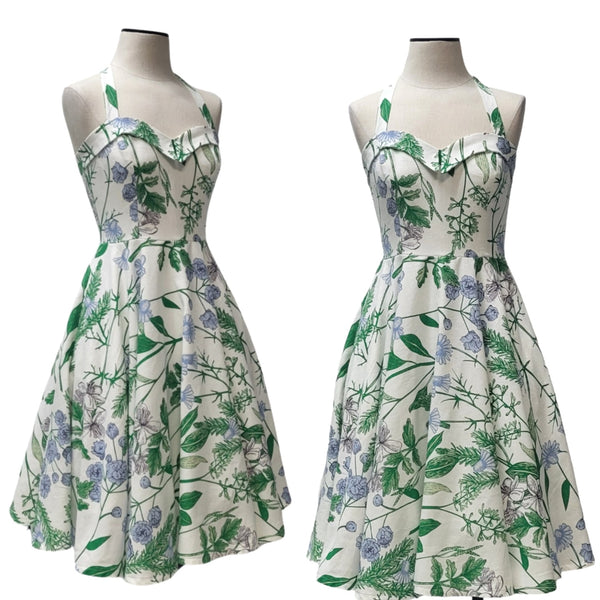Floral Linen Sundress with Sweetheart Neckline and halter straps.  White, blue and green hues