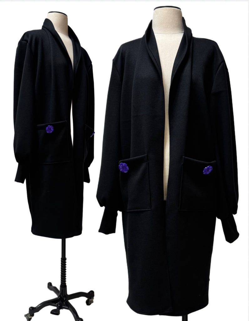 Black Knit Sweater Cardigan Midi Length with Liberty of London purple buttons
