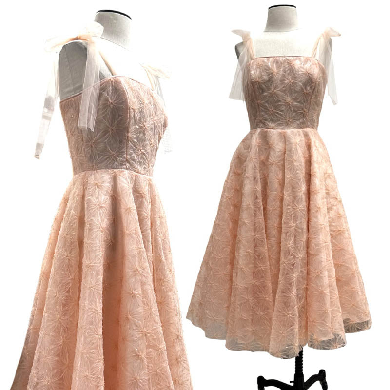 Beautiful Tea Length Gown in Ballet Pink tulle star lace and organza.  Perfect for grad, prom or wedding