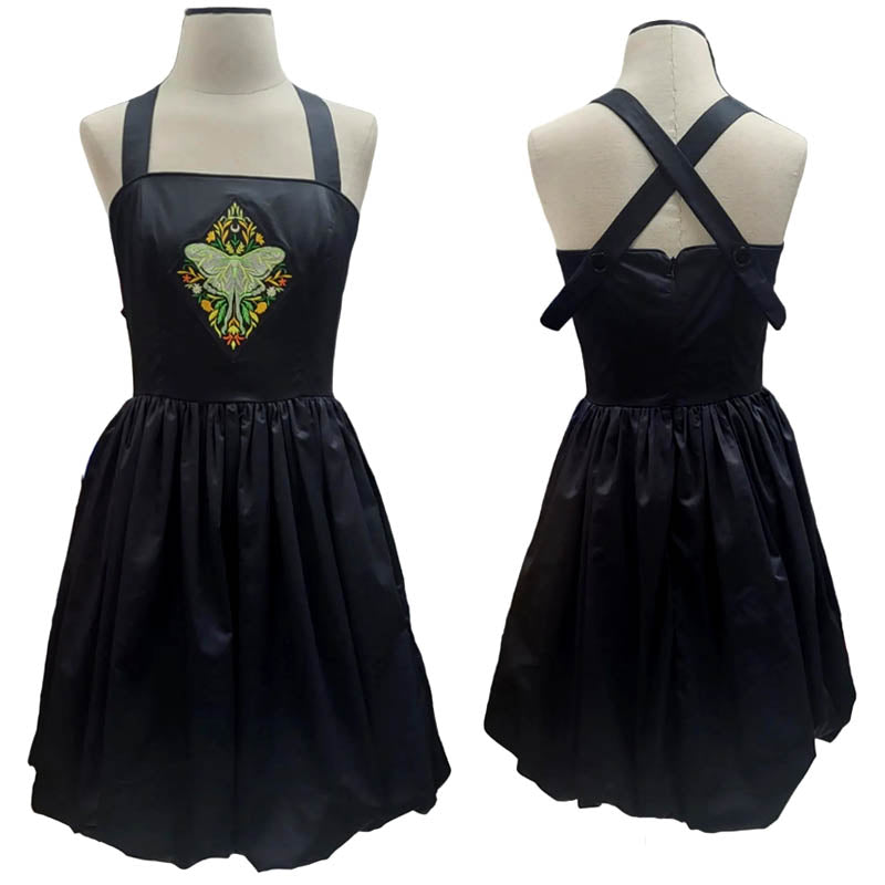Bubble Hem Black Dress with criss cross straps in back.  Front applique of an embroidered Luna Moth.