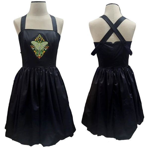 Bubble Hem Black Dress with criss cross straps in back.  Front applique of an embroidered Luna Moth.