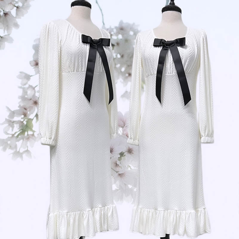 White Knit Dress, long sleeve, empire waist, gathered neckline.   Detatchable Black Ribbon detail