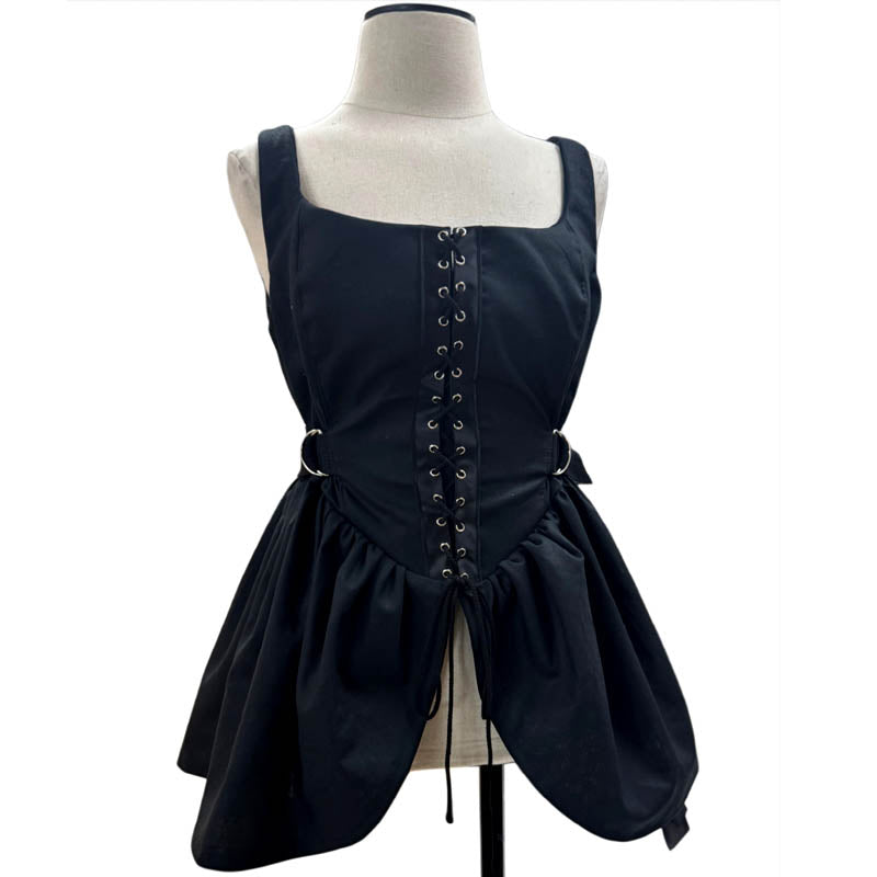 Black Cotton Vest with corset front and zipper back.  Great piece for layering