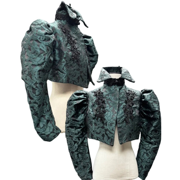 Green brocade jacket with mutton sleeves