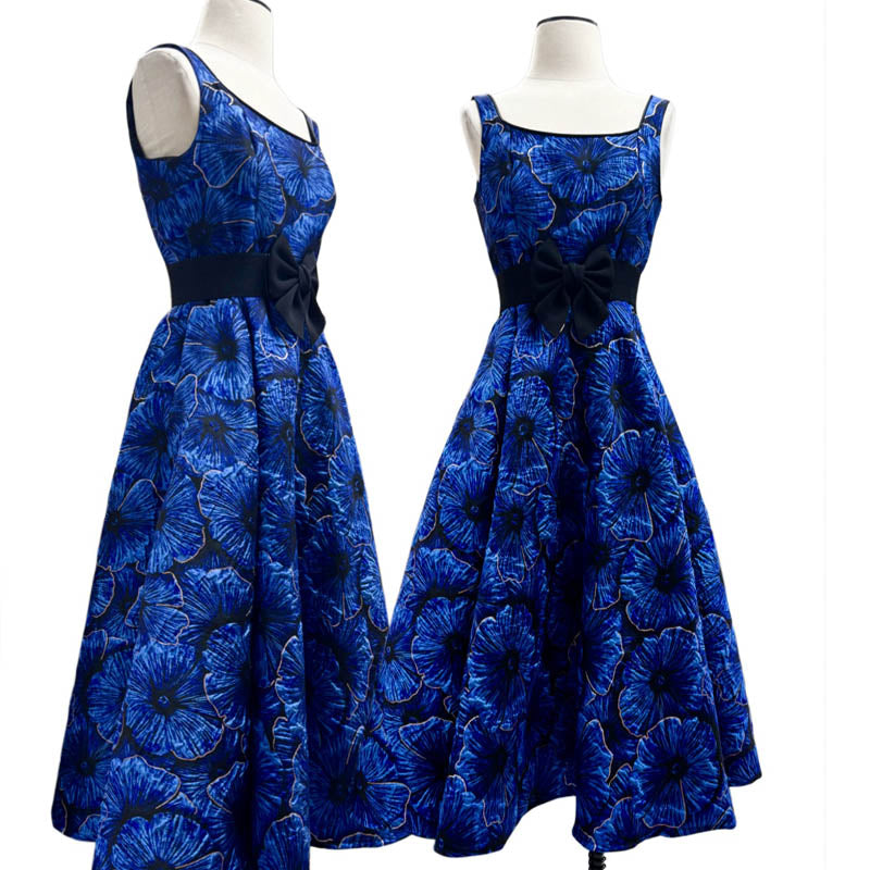 Fit and Flare Gown in Royal Blue Floral Jacquard with Gold Thread detail 