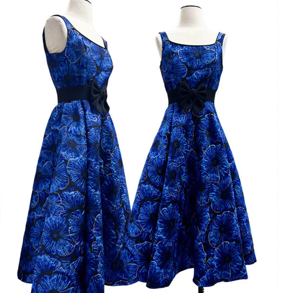 Fit and Flare Gown in Royal Blue Floral Jacquard with Gold Thread detail 