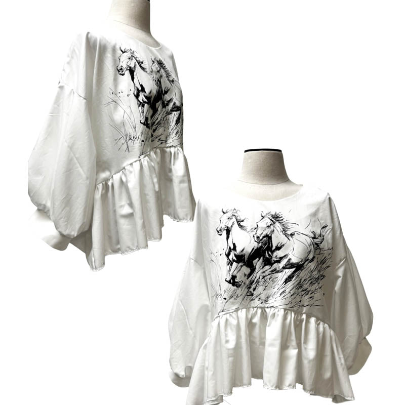 Wild Horses Screen Print on adorable loose blouse with balloon sleeves.  100% White Cotton