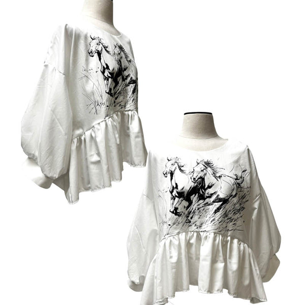 Wild Horses Screen Print on adorable loose blouse with balloon sleeves.  100% White Cotton
