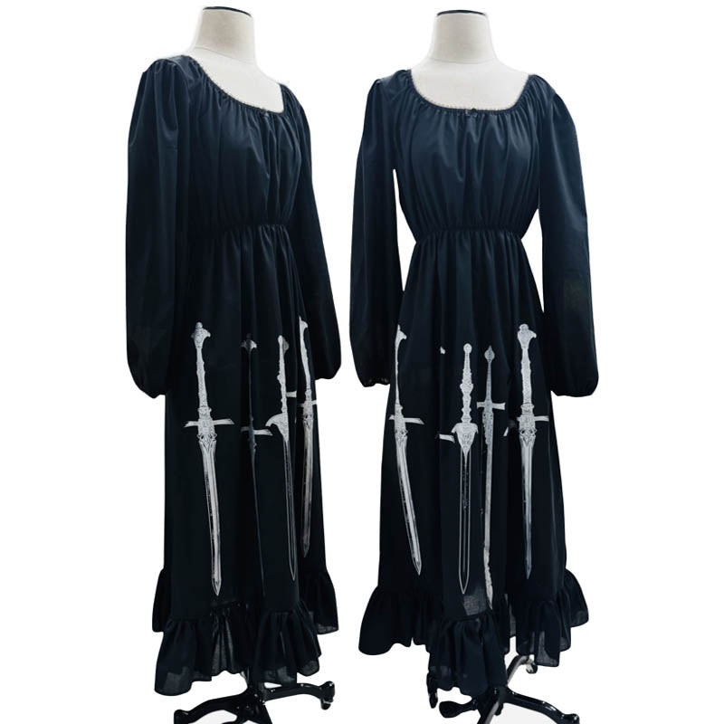 Peasant style dress with elastic waist and Queen of Swords screenprint.  100% Cotton
