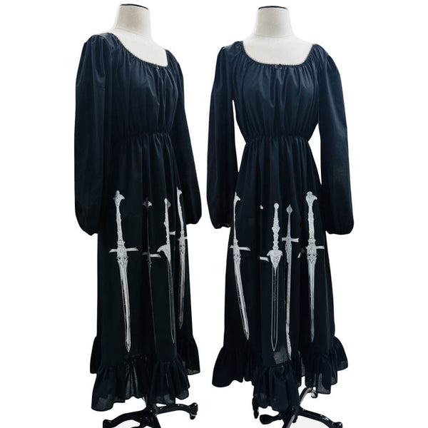 Peasant style dress with elastic waist and Queen of Swords screenprint.  100% Cotton