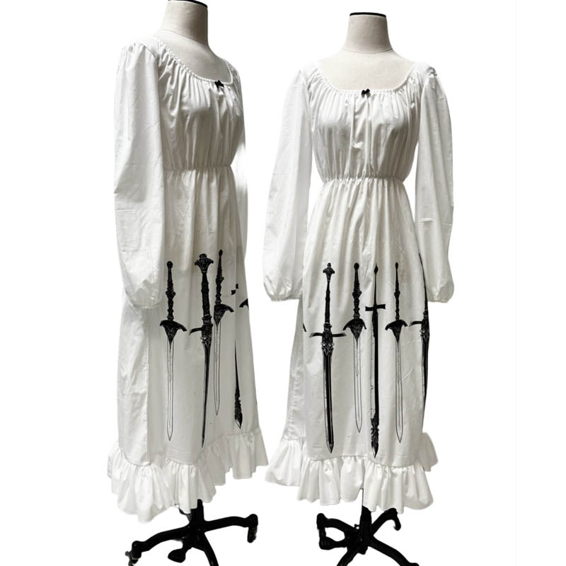 Peasant style dress with elastic waist and Queen of Swords screenprint.  100% White Cotton