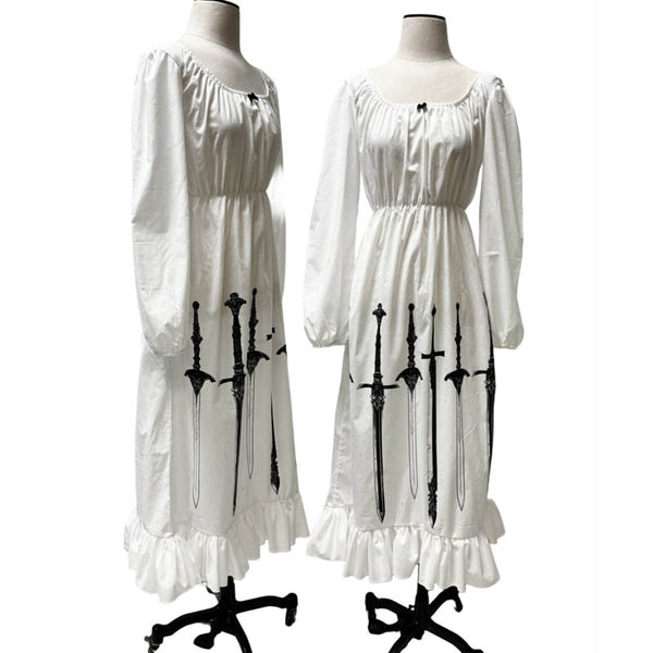 Peasant style dress with elastic waist and Queen of Swords screenprint.  100% White Cotton