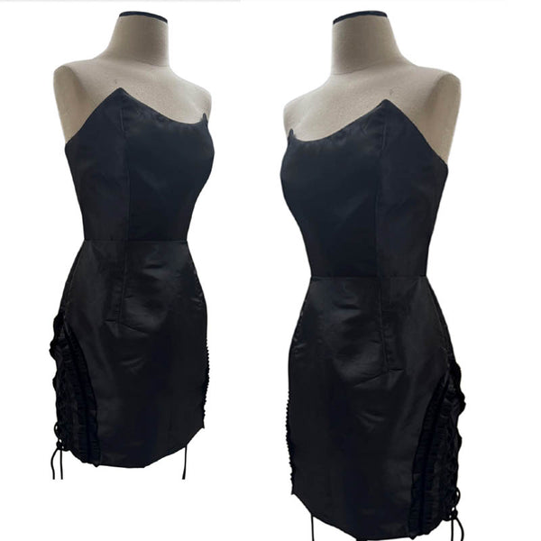 A black strapless mini dress in black taffeta.  Lace detail on sides.