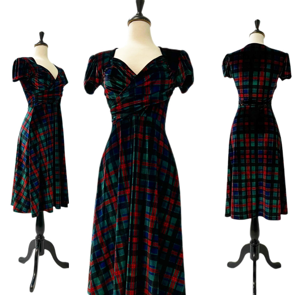 Mannequin form showing the Ricky Dress in Plaid Stretch Velvet with a Ruched wrap 1940's bodice, gathered cap sleeves, and A-line skirt. 