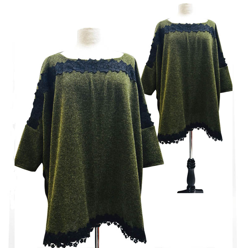 An olive green knit sweater with black lace trim at the neckline, sleeve cuffs, and hem.
