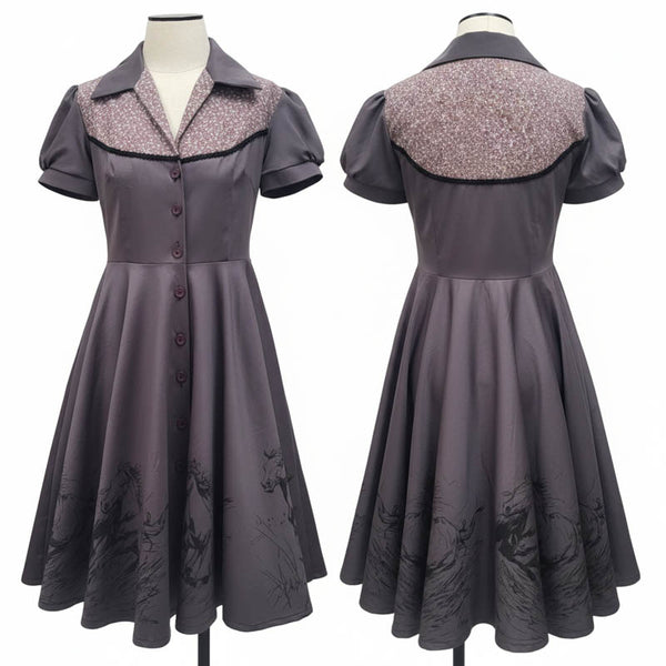 Western style cotton dress in light grey with floral yoke and black gimp trim.  Wild Horses print run along bottom of dress.  