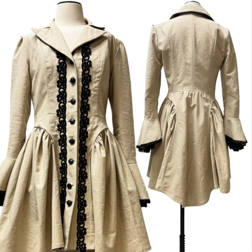Stunning Lillian Riding Jacket in linen is fully lined, lace cuffs and black cotton detail.  