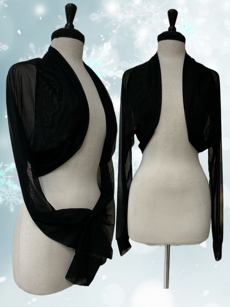 Mannequin forms showing a long sleeve bolero shrug in a sheer black mesh material.
