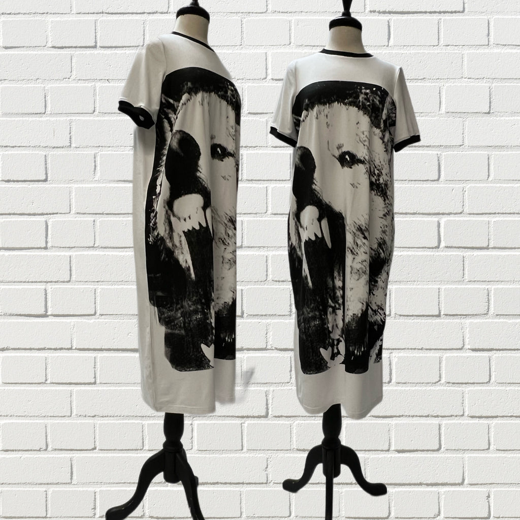 Mannequin forms showing the Edie Maxi T-Shirt dress in our giant “Hungry Wolf” screen print in Bamboo knit with ribbed knit cuffs and collar. 
