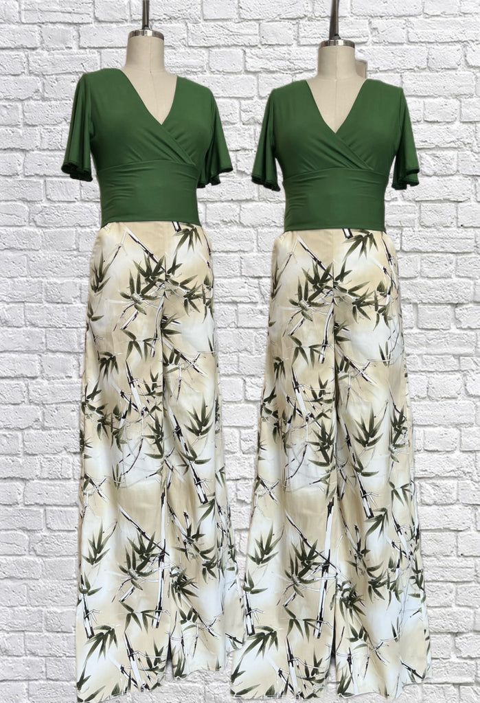 Our most popular Ivy Pants in a Summer Bamboo Print. High waist, back zipper closure, front slash pockets, wide legs.