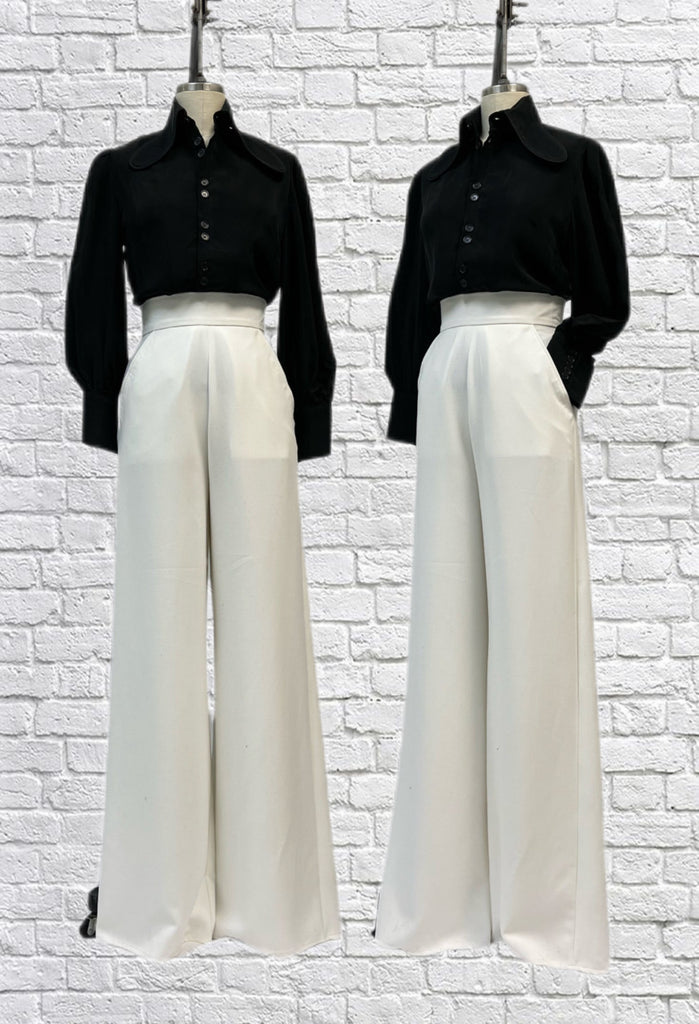 Ivy Pants in beautiful Crisp Ivory with a High waist, back zipper closure, front slash pockets, wide legs.