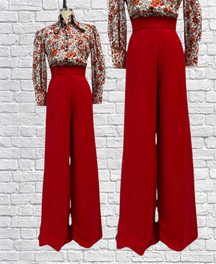 Ivy Pants in beautiful Red Lipstick with a High waist, back zipper closure, front slash pockets, wide legs.