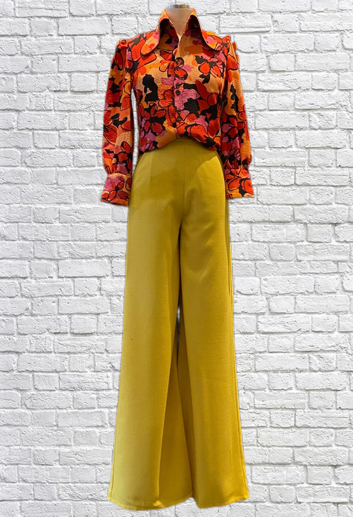 Ivy Pants in beautiful yellow wool gabardine with a high waist, back zipper closure, front slash pockets, wide legs.