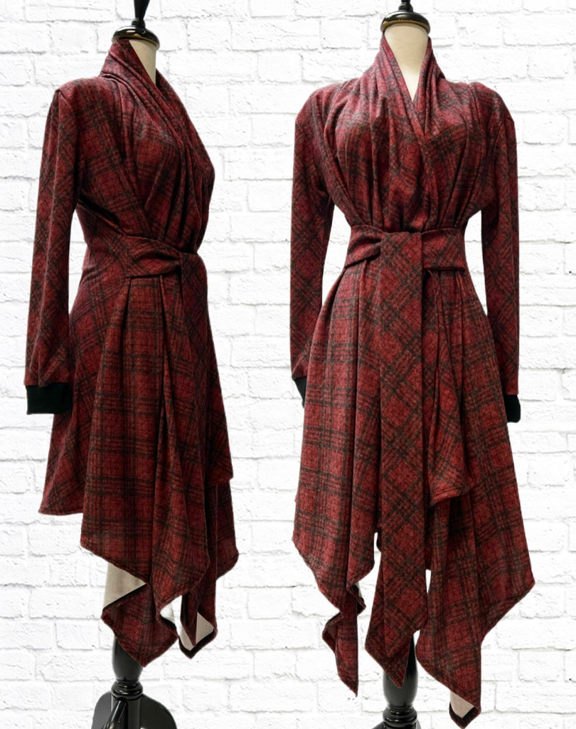 Mannequin forms showing Soft spun knit red & black plaid Julia Sweater with ribbed knit cuffs and an asymmetrical hemline.