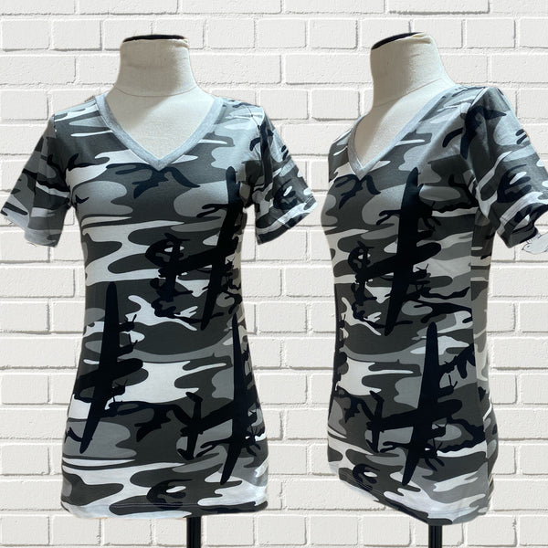 Mannequin forms showing the front and side profile of a grey camouflage t-shirt with the Lancaster plane on them. 