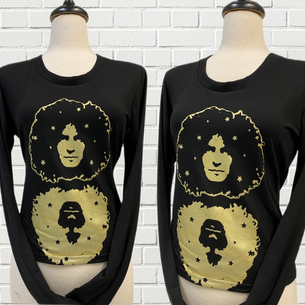 Long sleeve T-Shirt in black lycra knit with JEEPSTER print in metallic gold.