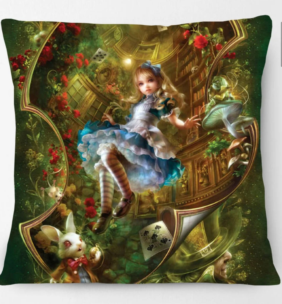 Alice in Wonderland-inspired pillow featuring Alice and the White Rabbit in the tunnel. 