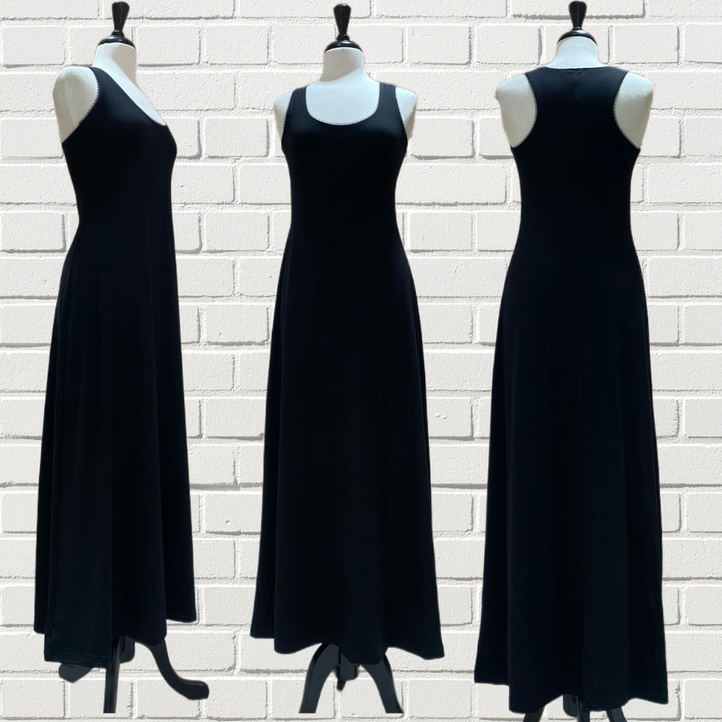 Mannequin forms showing the side, front, and back profile of the Black Racerback Maxi dress in beautiful bamboo knit.